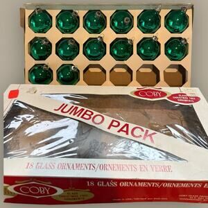 VTG Christmas Ornaments Original Box 60s Glass Coby USA Green Lot 14 Metal Cap